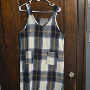 Plaid Sleeveless Pinafore Dress in Navy, Cream & Mustard